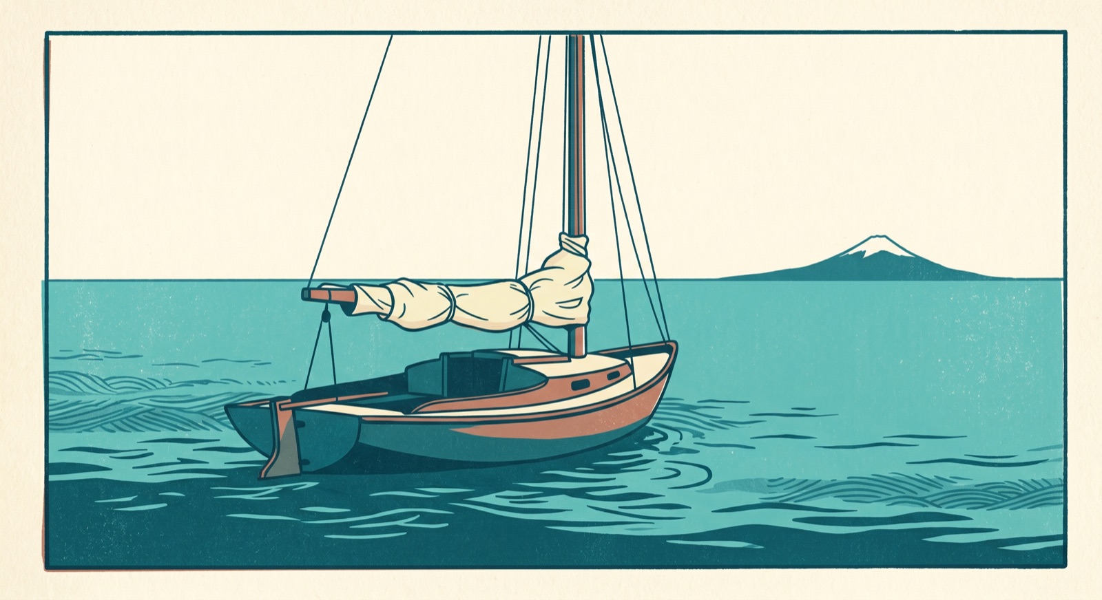 A sailboat with furled sails drifting on calm teal water toward a distant mountain, representing Coast FIRE — letting compound growth carry you to retirement