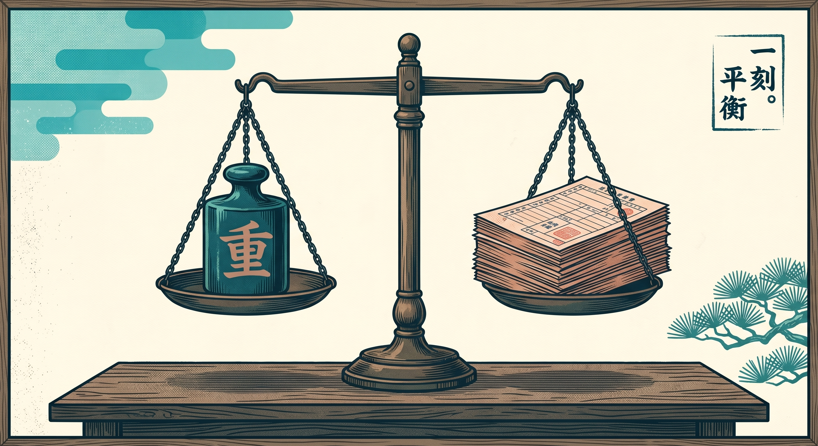A traditional balance scale with a teal weight on one side and tax forms on the other, representing the Roth conversion tax trade-off