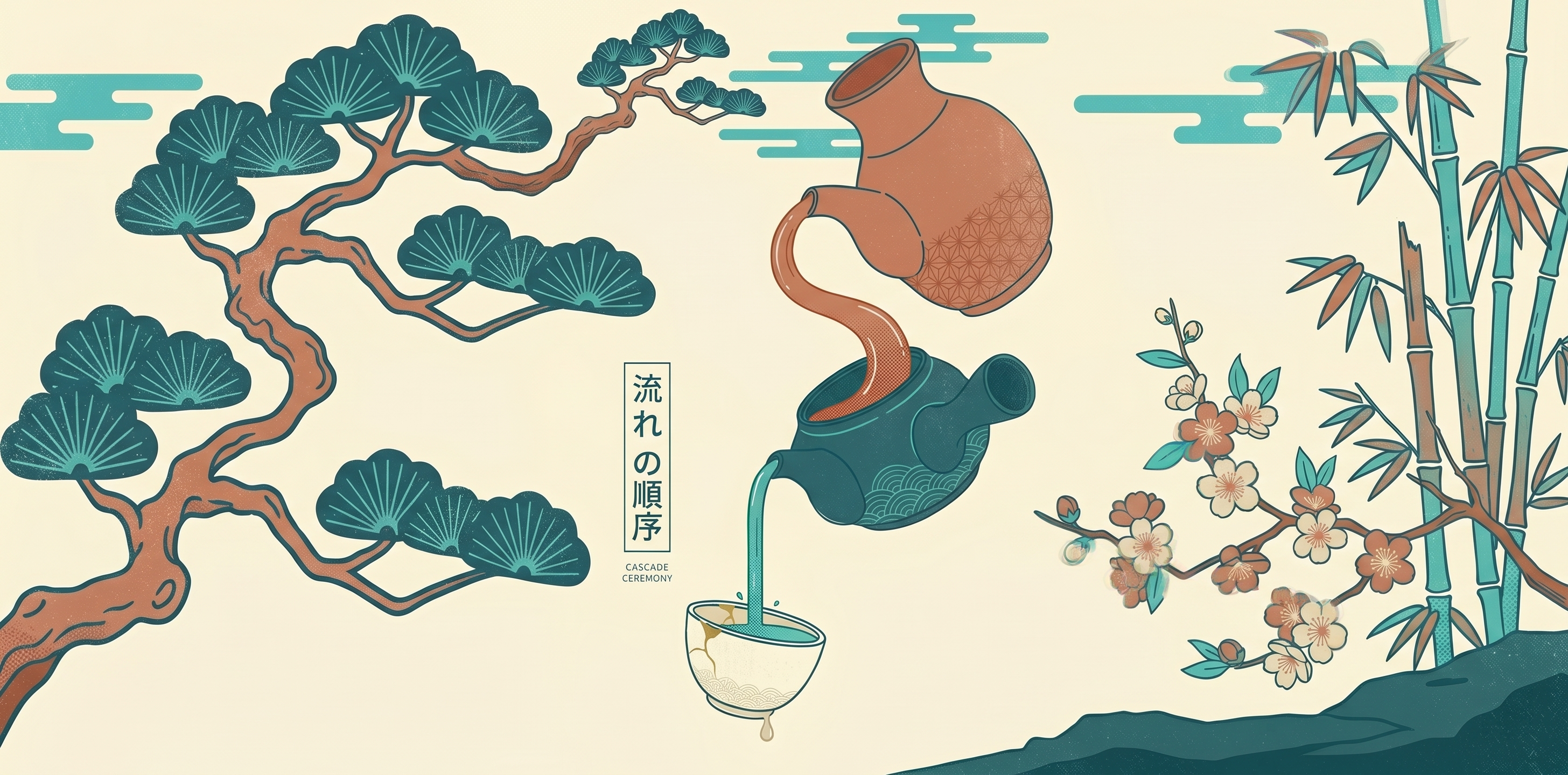 Three ceramic vessels of decreasing size pouring into each other in a cascade from terracotta to teal to cream, representing tax-efficient withdrawal order